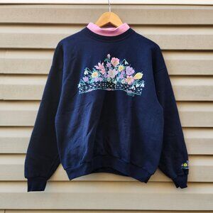 Vintage 90's Morning Sun Puff Flower Design Pink Collared Womens Pullover Sweats